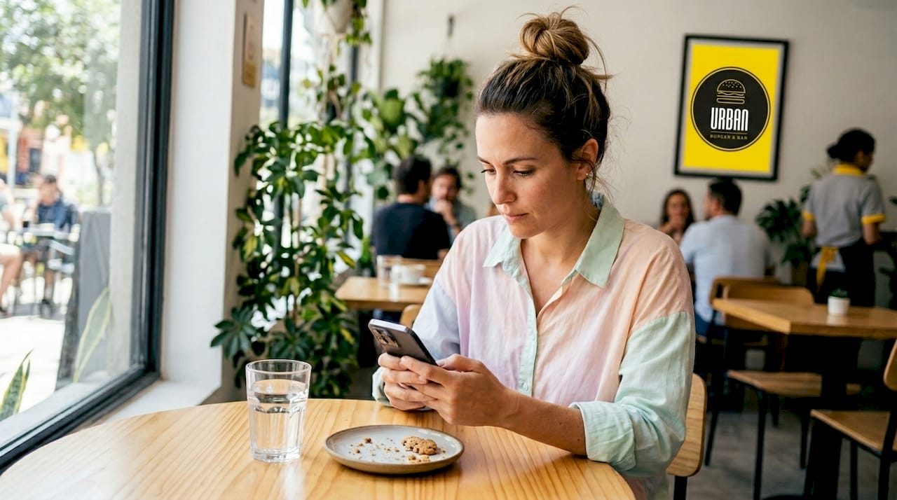 Mujer consultando la carta digital en un restaurante