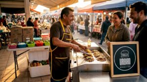 Un taquero prepara tacos frescos en su puesto callejero, al aire libre.