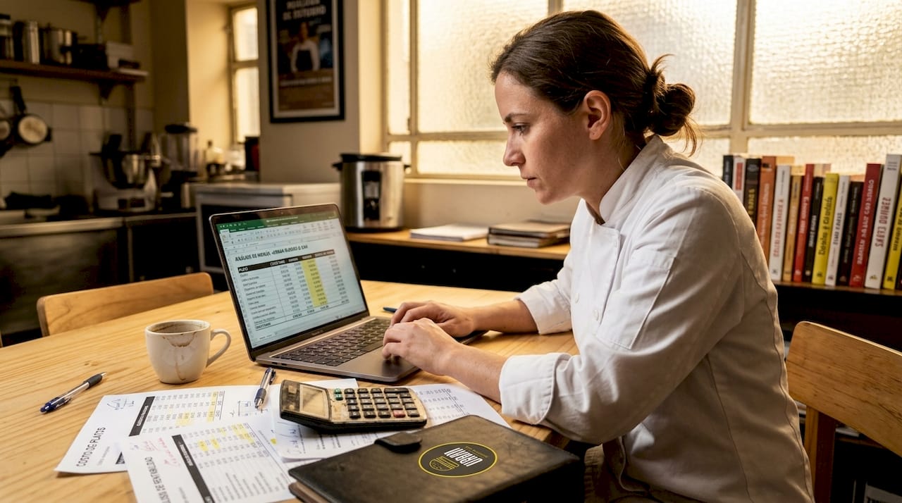 El chef revisa y estudia los datos del menú desde su oficina.