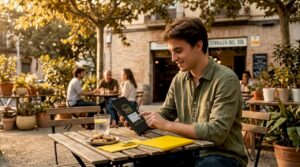 Una persona está usando una tablet para hacer un pedido de comida a domicilio.