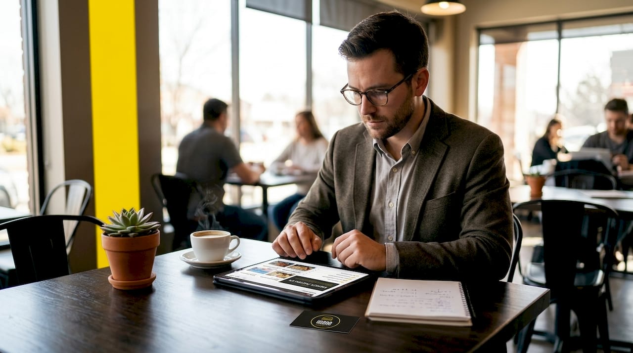 Una persona revisa el menú digital desde su mesa en una cafetería.