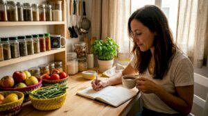 Una mujer organiza el menú del día mientras está en la cocina