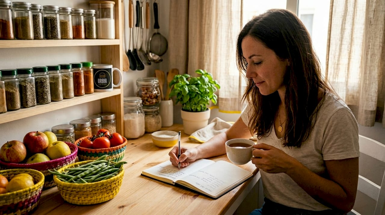 Una mujer organiza el menú del día mientras está en la cocina
