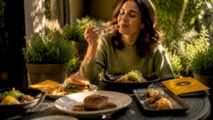 Crítico gastronómico degustando platos tradicionales y propuestas de autor