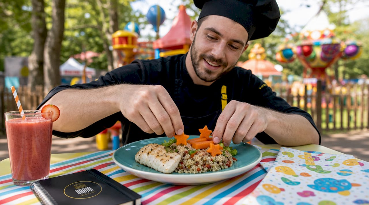 El chef elabora un menú saludable especialmente pensado para niños en el restaurante.