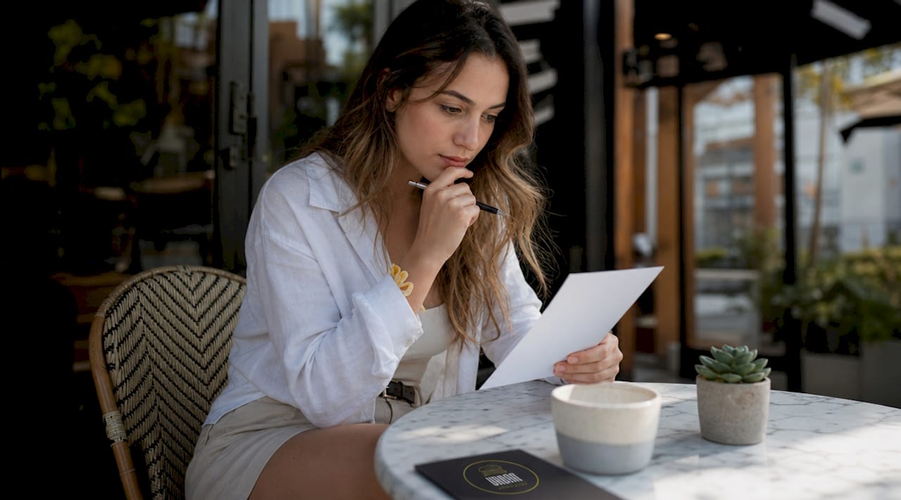Persona repasando la lista de tareas para organizar su propio restaurante en casa