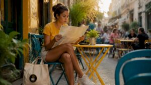 Un turista consulta en su móvil las opiniones de restaurantes mientras pasea por la ciudad.