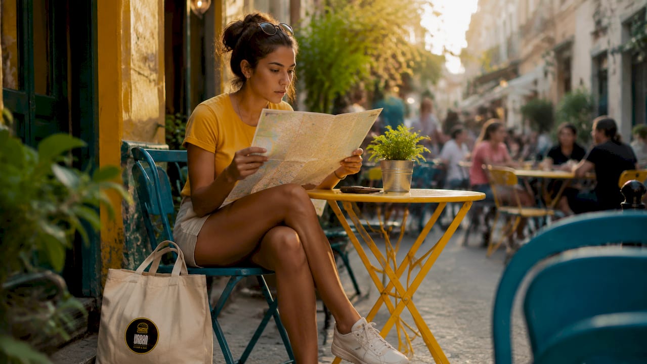 Un turista consulta en su móvil las opiniones de restaurantes mientras pasea por la ciudad.
