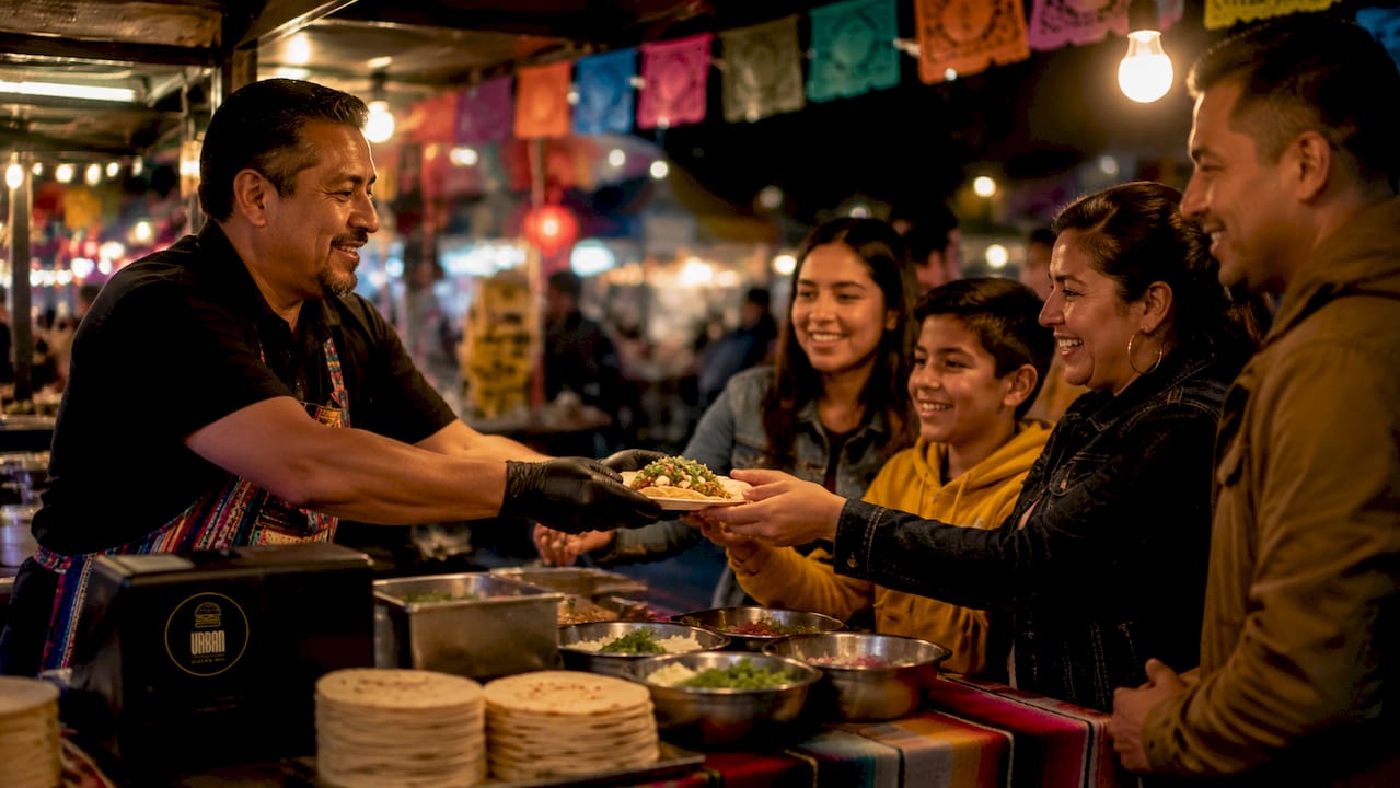 Vendedor ambulante atendiendo a sus clientes en un puesto de comida en plena ciudad.