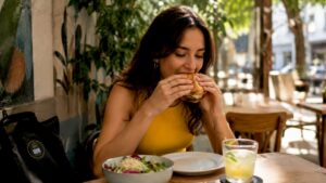 Un cliente saborea una hamburguesa gourmet sentado en la barra de un local moderno.