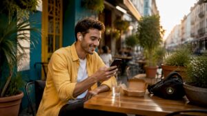 Una persona realiza su pedido rápidamente desde el móvil mientras disfruta de un café.