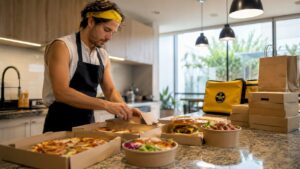 El chef organiza cuidadosamente los platos ya empaquetados para entrega sobre la encimera.