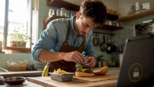 Cocinero elaborando una hamburguesa gourmet en la cocina del restaurante