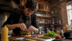 Cocinero elaborando una hamburguesa gourmet en la cocina