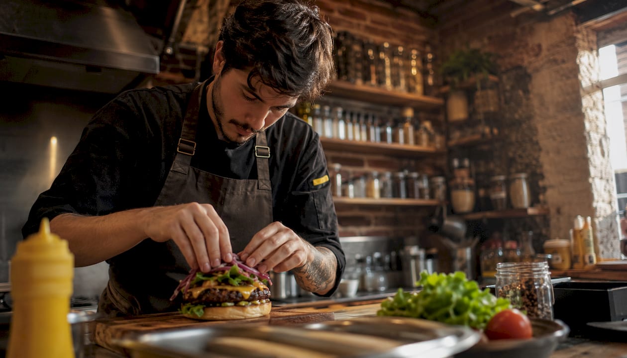 Cocinero elaborando una hamburguesa gourmet en la cocina