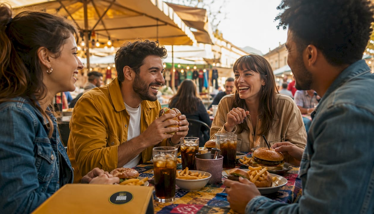 Un grupo de amigos saborea una selección de hamburguesas gourmet en España.