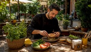 Cocinero elaborando una hamburguesa gourmet en un restaurante español