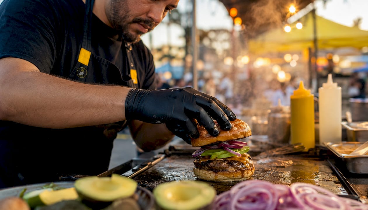 Un chef monta una hamburguesa con ingredientes frescos y de calidad