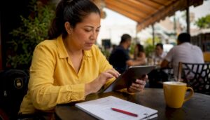 Mujer buscando nuevas apps de hamburguesas en su tablet