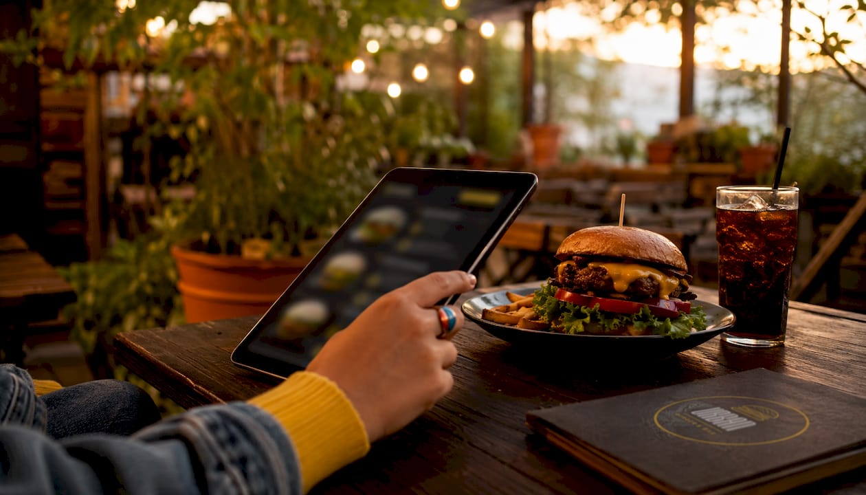 Una mano sostiene un móvil que muestra opciones de hamburguesas en una aplicación.
