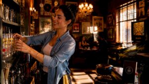 Un barman acomoda las bebidas detrás de la barra, cuidando cada detalle para que encajen perfectamente con la temática del local.