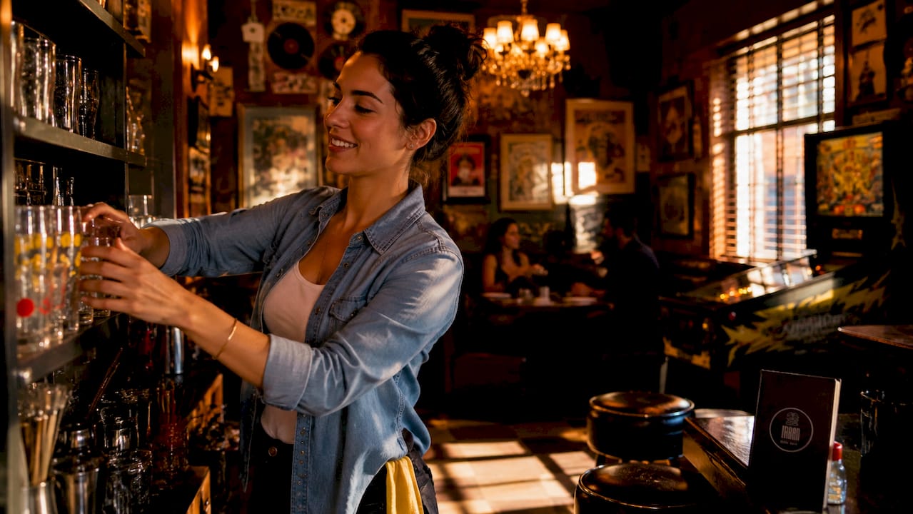 Un barman acomoda las bebidas detrás de la barra, cuidando cada detalle para que encajen perfectamente con la temática del local.
