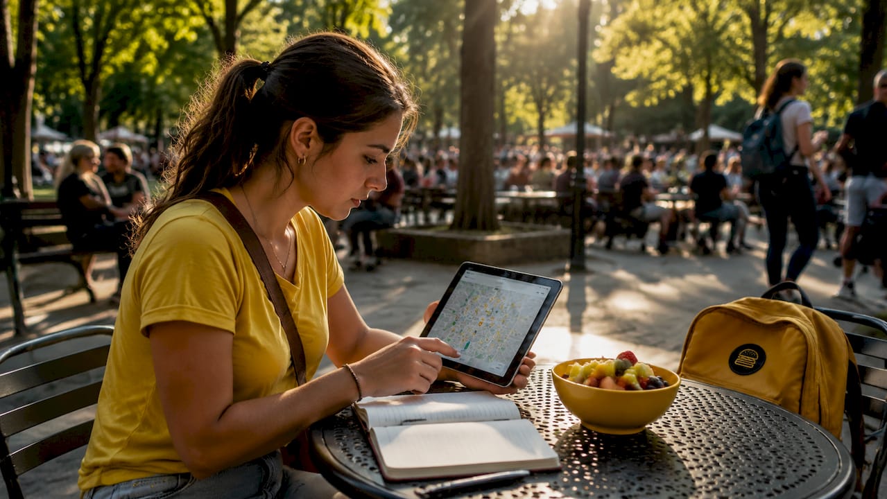 Mujer descubriendo rutas gastronómicas de la ciudad desde su tablet