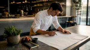El chef revisa las opciones del menú que cambiarán esta semana en el restaurante.