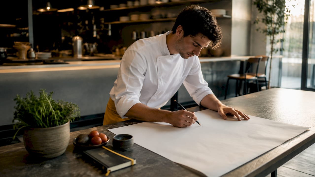 El chef revisa las opciones del menú que cambiarán esta semana en el restaurante.