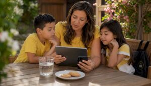 Una madre completa en casa un formulario digital para su familia