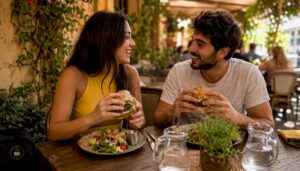 Una pareja saborea unas hamburguesas gourmet en pleno corazón de Barcelona.