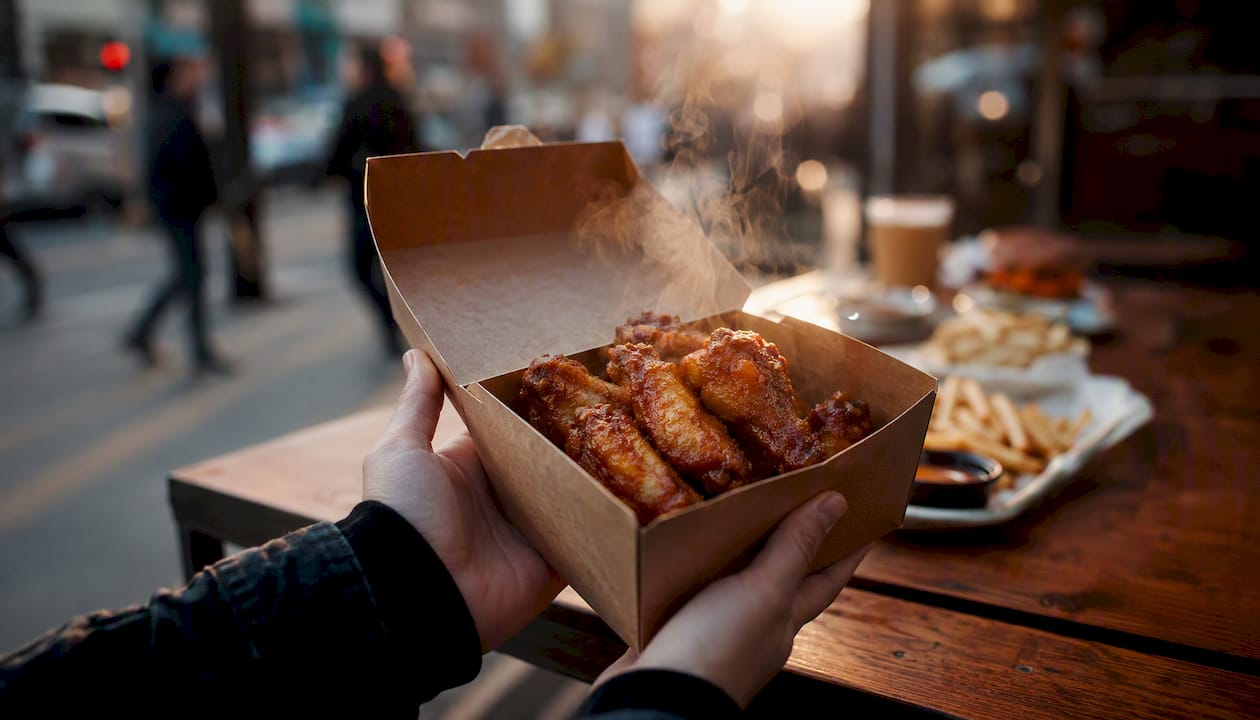 Caja para llevar con alitas de pollo recién hechas, humeantes y listas para disfrutar.