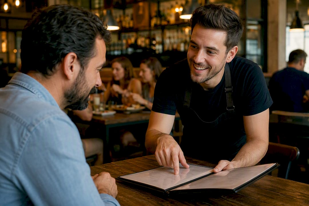 El camarero le está detallando el menú al cliente, explicándole los platos y recomendando las especialidades de la casa.