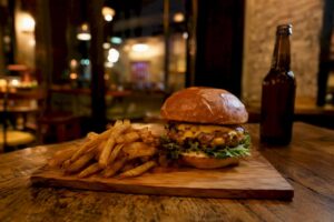 Hamburguesa y papas fritas en mesa de bar a altas horas