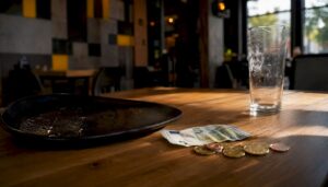 Unas monedas y billetes dejados como propina junto a la cuenta en la mesa de un restaurante.