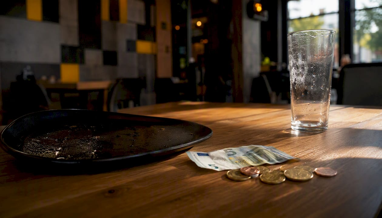 Unas monedas y billetes dejados como propina junto a la cuenta en la mesa de un restaurante.