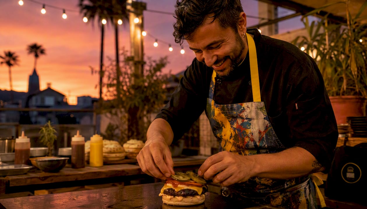 Un chef está preparando una hamburguesa tipo smash en una cocina moderna.