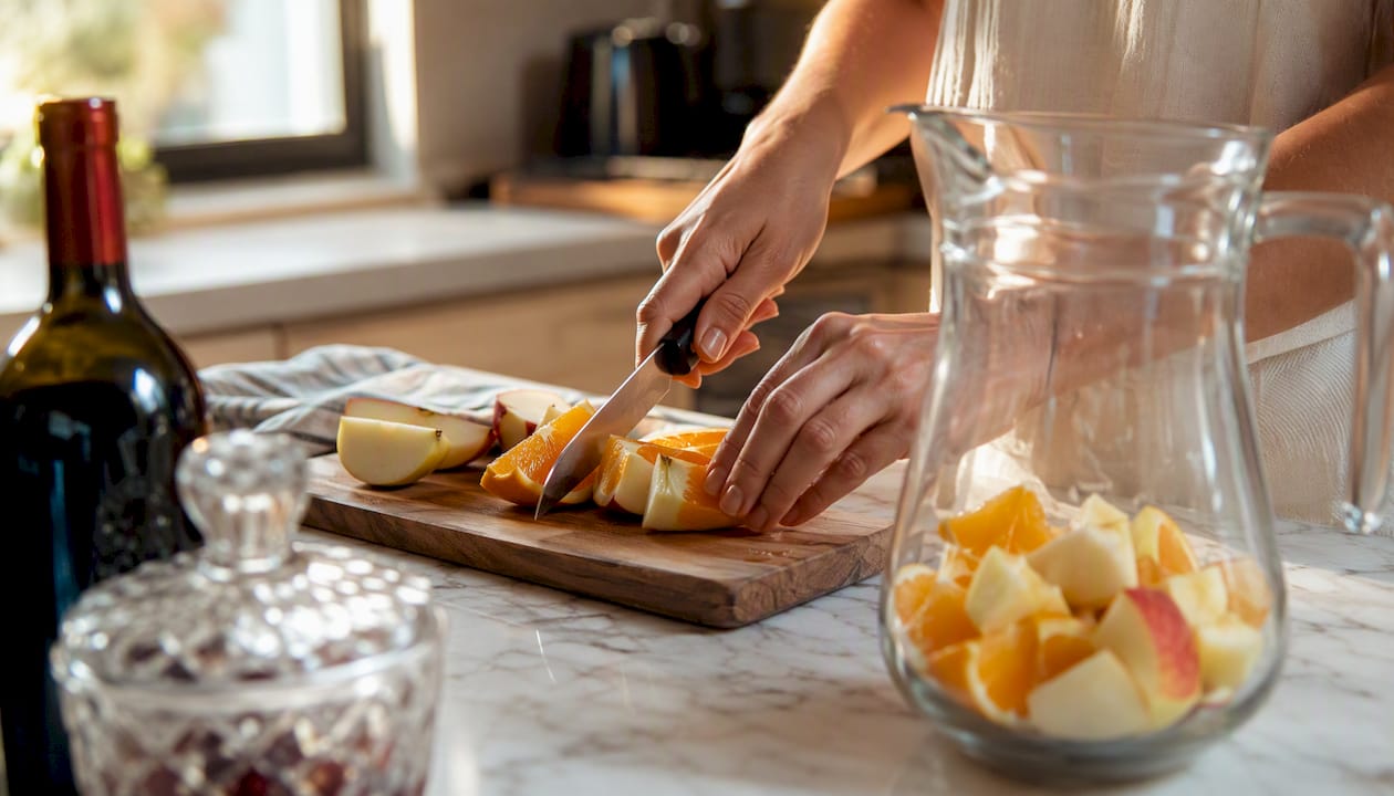 Manos cortando fruta fresca para preparar una buena sangría