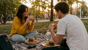 Una pareja saborea hamburguesas gourmet al aire libre en una terraza