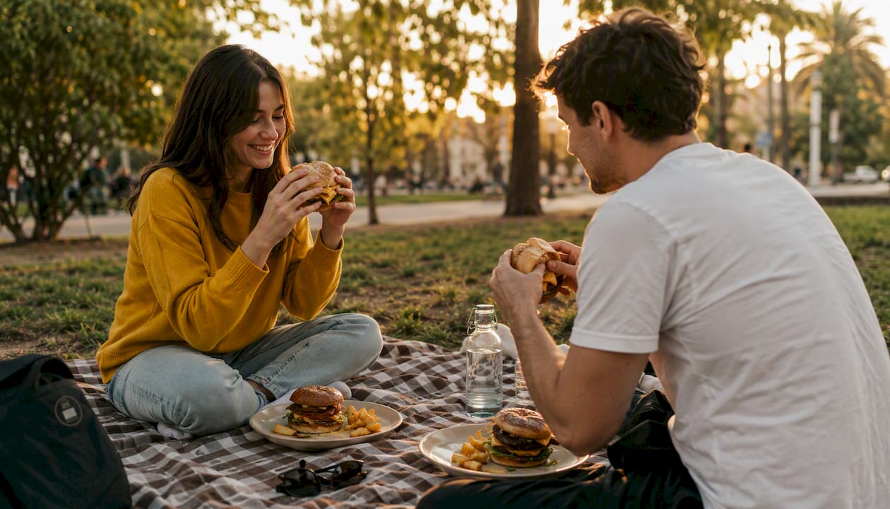 Una pareja saborea hamburguesas gourmet al aire libre en una terraza