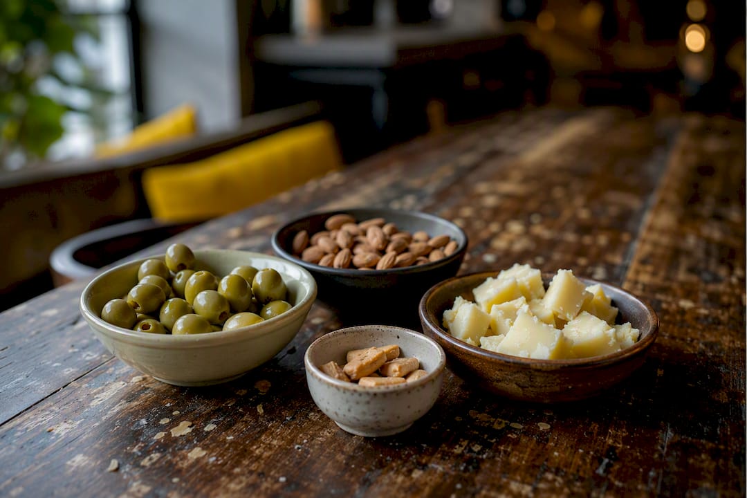 Cuencos con frutos secos, aceitunas y queso sobre la mesa