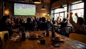 Ambiente de bar con hamburguesas y pantalla para ver deportes