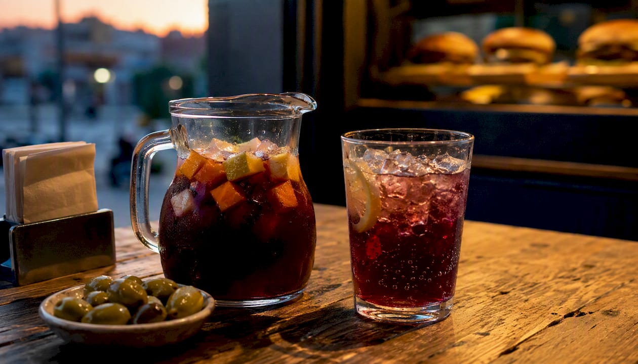 Jarra de sangría y un vaso de tinto de verano