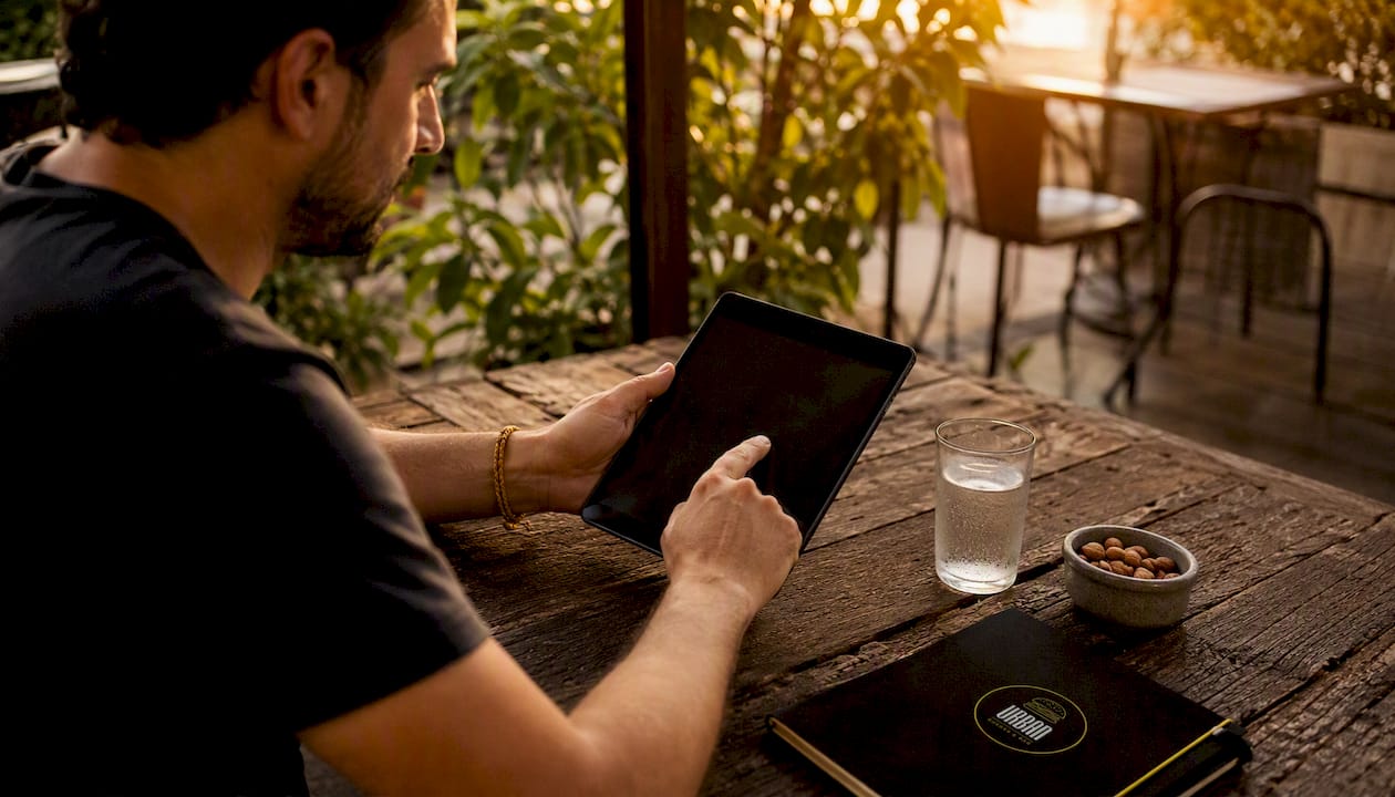 Una persona revisando el menú digital en un restaurante