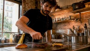Cocinero preparando una hamburguesa smash con pan brioche recién hecho