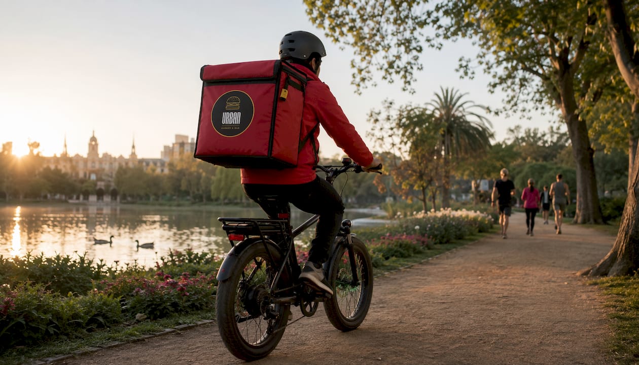 Un repartidor pedaleando por las calles de Barcelona mientras entrega pedidos a domicilio.