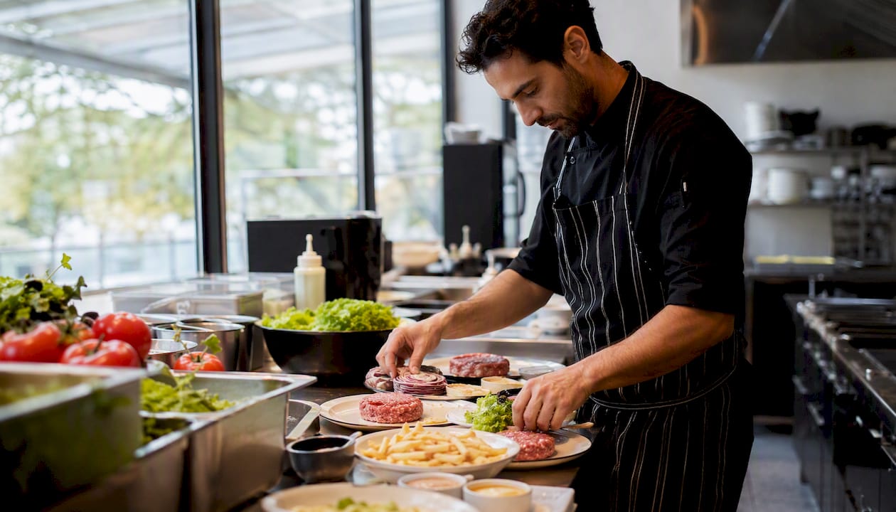 Un chef prepara cuidadosamente los platos del menú de hamburguesas en la cocina.