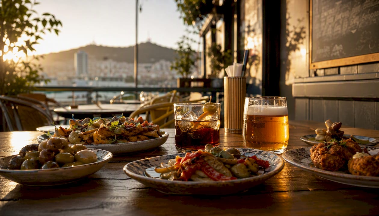 Disfrutar de unas tapas y unas copas en una terraza al aire libre en Barcelona