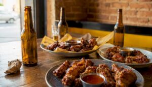 Distintos platos de alitas de pollo servidos sobre una mesa de madera
