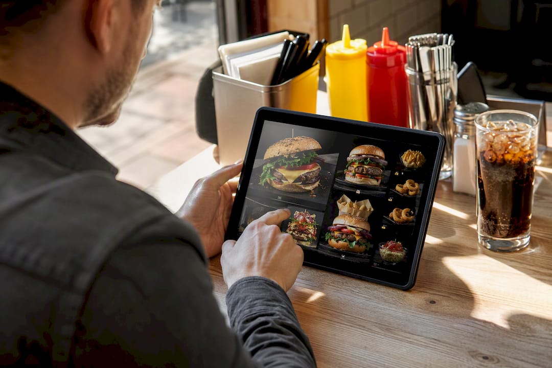 Tablet mostrando fotos deliciosas de los platos del menú digital